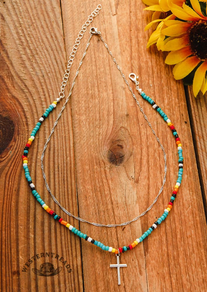 2Pcs Colorful Beading Cross Pendant Necklace - Image 2