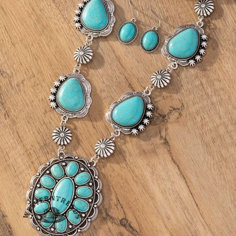 Western style retro special-shaped turquoise necklace with earrings jewelry set - Image 2