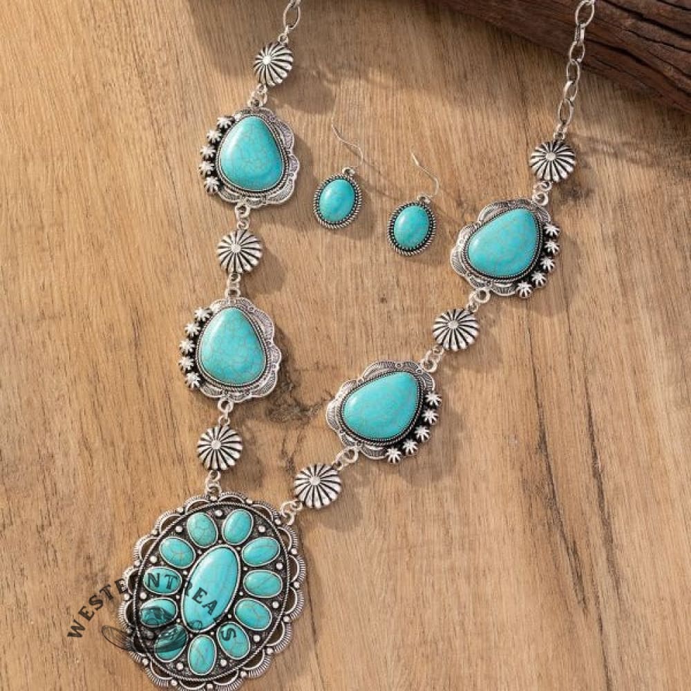 Western style retro special-shaped turquoise necklace with earrings jewelry set - Image 3