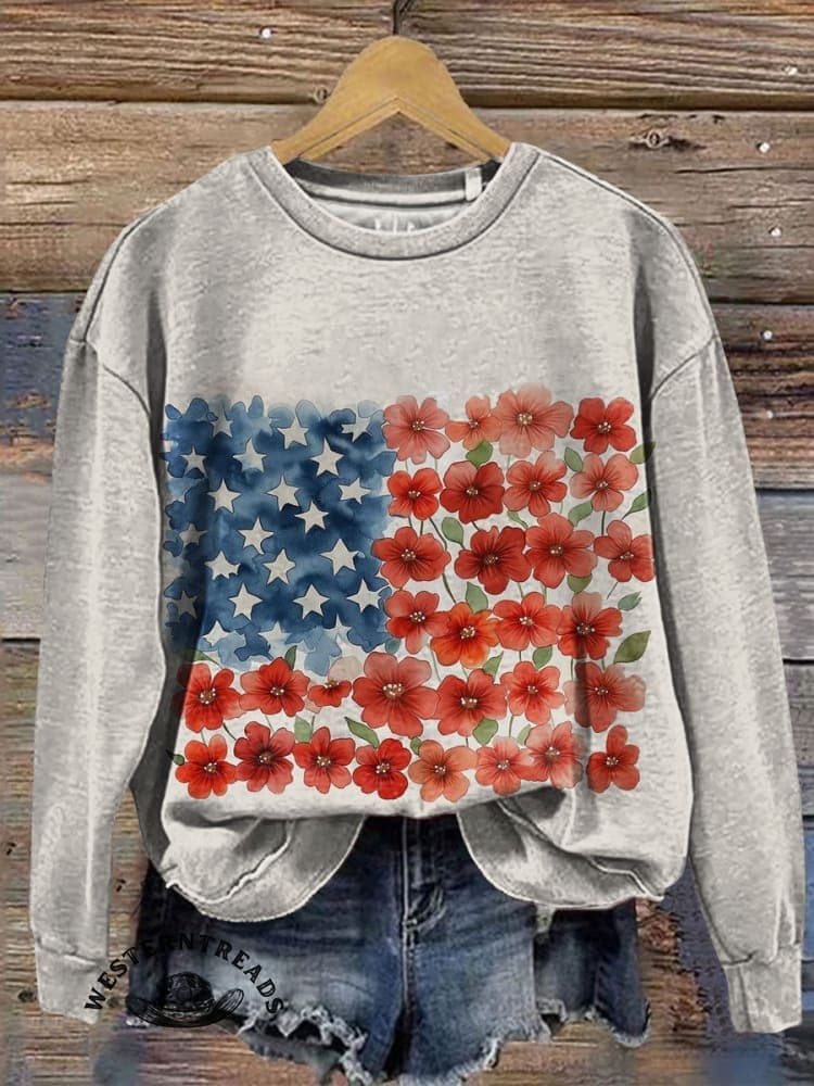 American Flag Floral Print V-neck Casual T-Shirt - Image 2