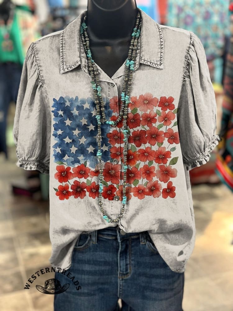 American Flag Floral Print V-neck Casual T-Shirt - Image 3