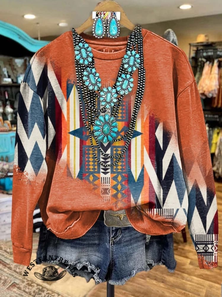 🔥Hot Sale🔥Blue Aztec Print Casual Sweatshirt - Image 2