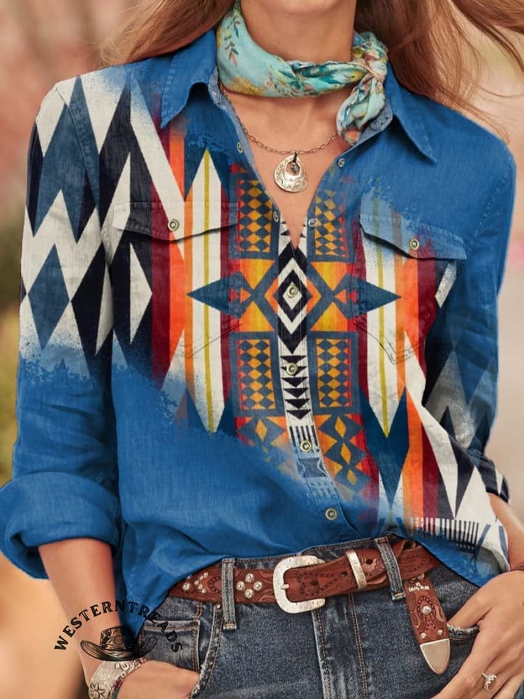 🔥Hot Sale🔥Blue Aztec Print Casual Sweatshirt - Image 3