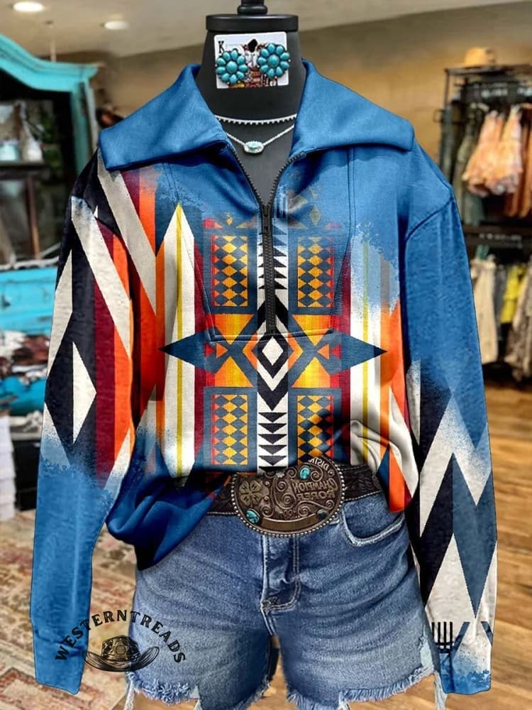 🔥Hot Sale🔥Blue Aztec Print Casual Sweatshirt - Image 9