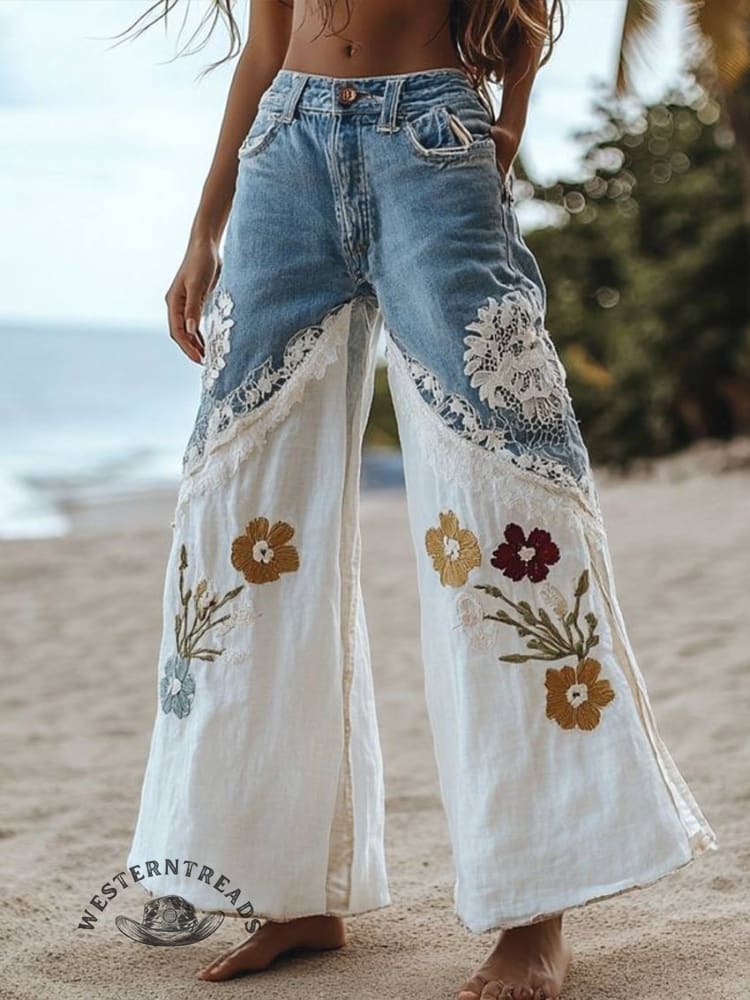 Bohemian Floral Lace Patchwork Pants