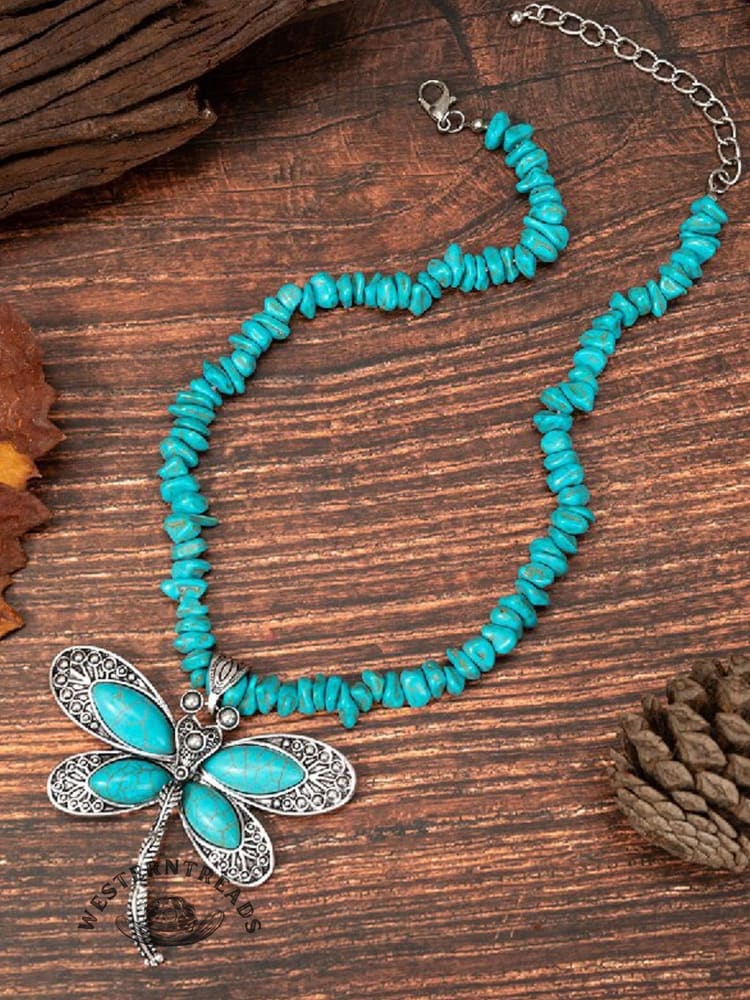 Bohemian Vintage Dragonfly Turquoise Pendant Necklace - Image 2