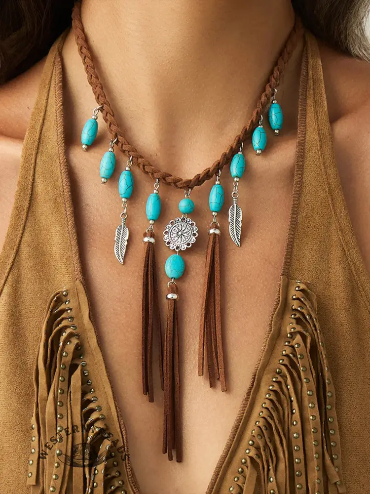 Bohemian Vintage Ethnic Style Turquoise Pendant Woven Tassel Velvet Choker Necklace
