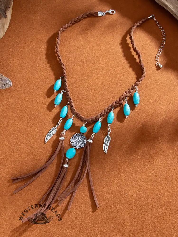 Bohemian Vintage Ethnic Style Turquoise Pendant Woven Tassel Velvet Choker Necklace - Image 2