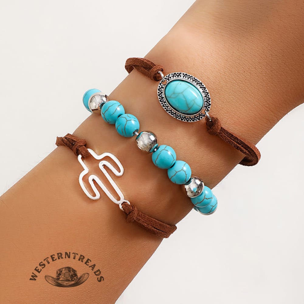 Western Cowboy Style Cactus Decor Turquoise Beaded Bracelet Set - Image 3