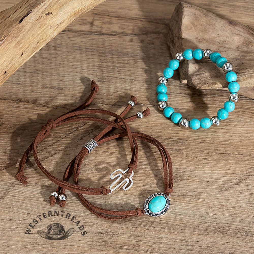 Western Cowboy Style Cactus Decor Turquoise Beaded Bracelet Set - Image 4