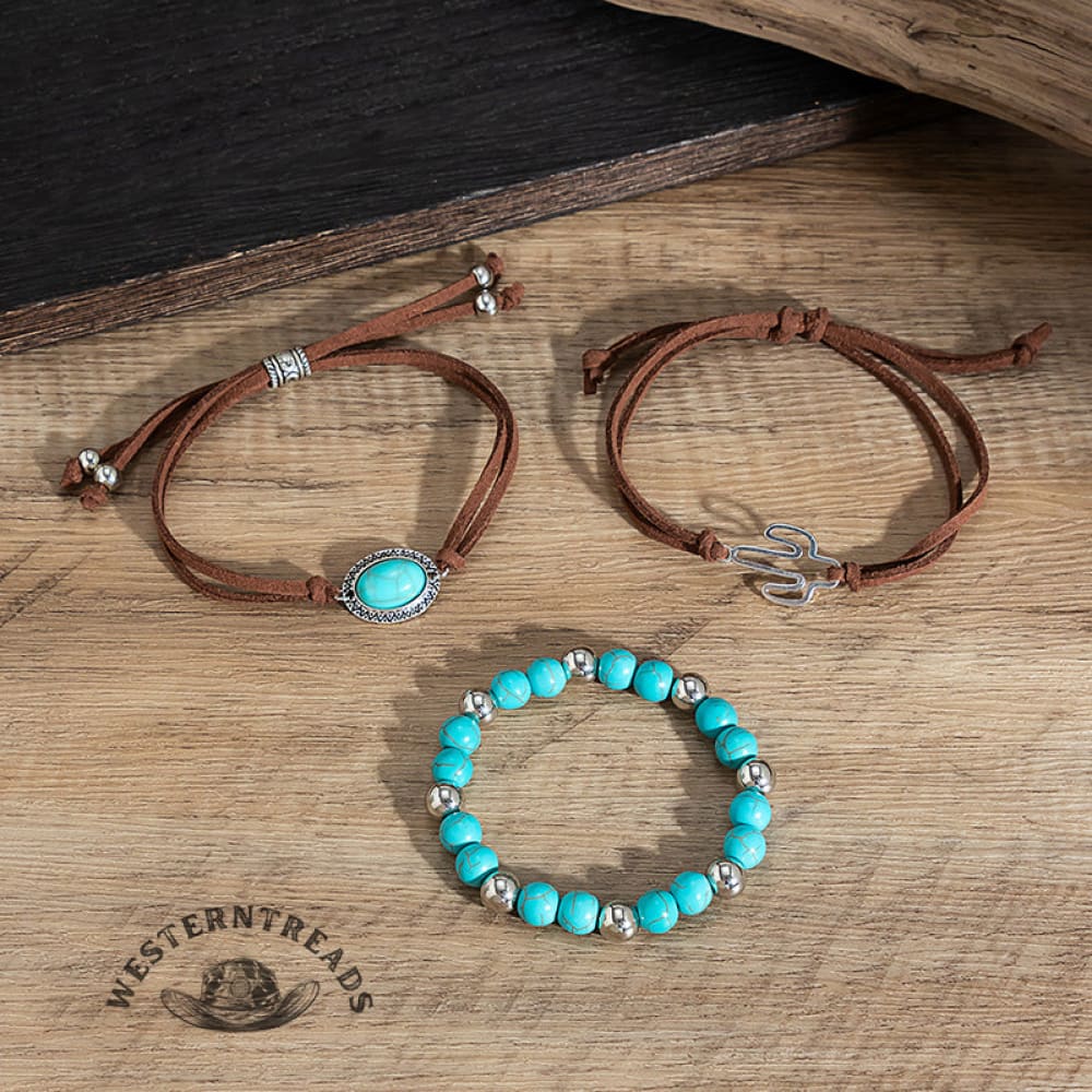Western Cowboy Style Cactus Decor Turquoise Beaded Bracelet Set - Image 5
