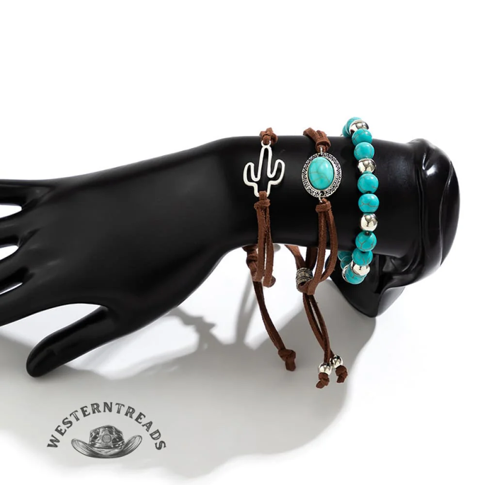 Western Cowboy Style Cactus Decor Turquoise Beaded Bracelet Set - Image 6