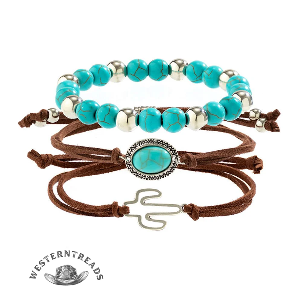 Western Cowboy Style Cactus Decor Turquoise Beaded Bracelet Set - Image 7