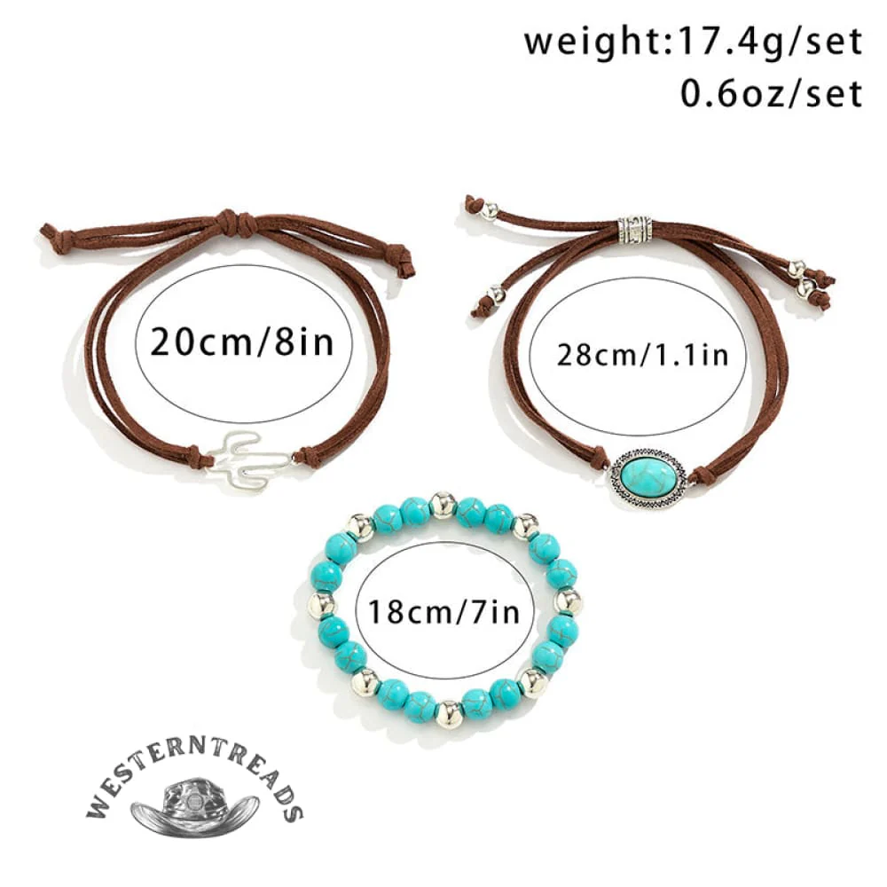 Western Cowboy Style Cactus Decor Turquoise Beaded Bracelet Set - Image 8