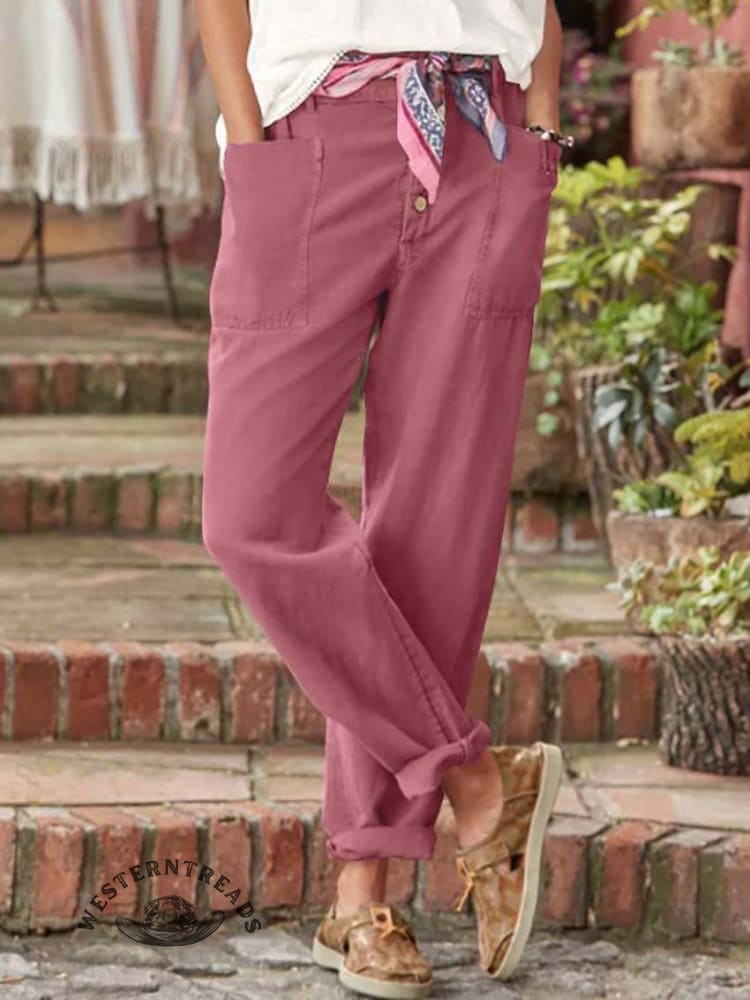 Solid Color Breasted Cotton Hemp Loose Casual Pants - Image 2