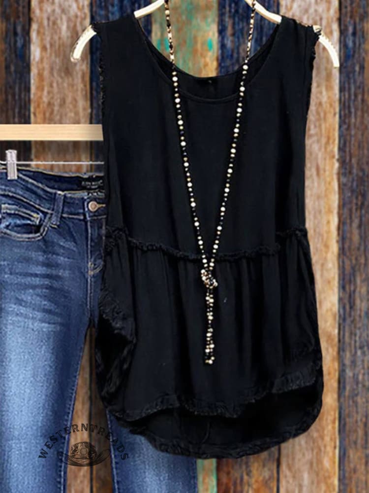 Casual Round Neck Pleated Tank Top - Image 3