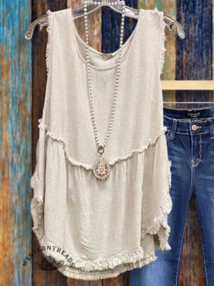 Casual Round Neck Pleated Tank Top - Image 4