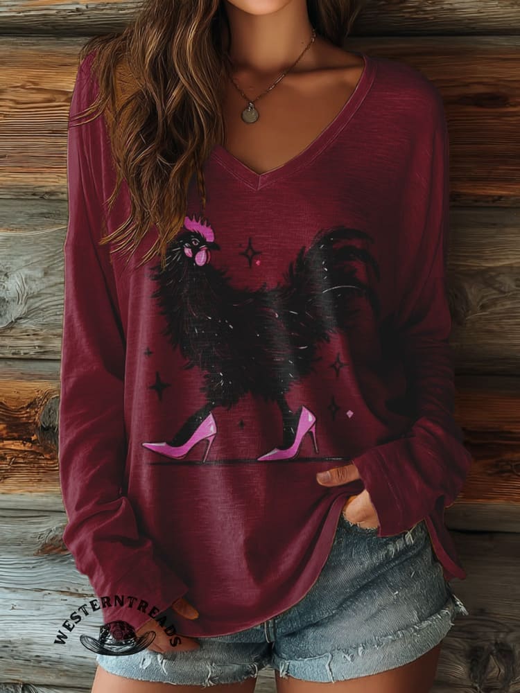 Chicken In High Heels Print Casual Cotton Sweatshirt - Image 4