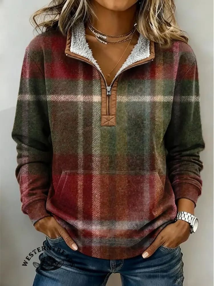 Christmas Color Plaid Print Casual Half-zip Cotton Sweatshirt - Image 2