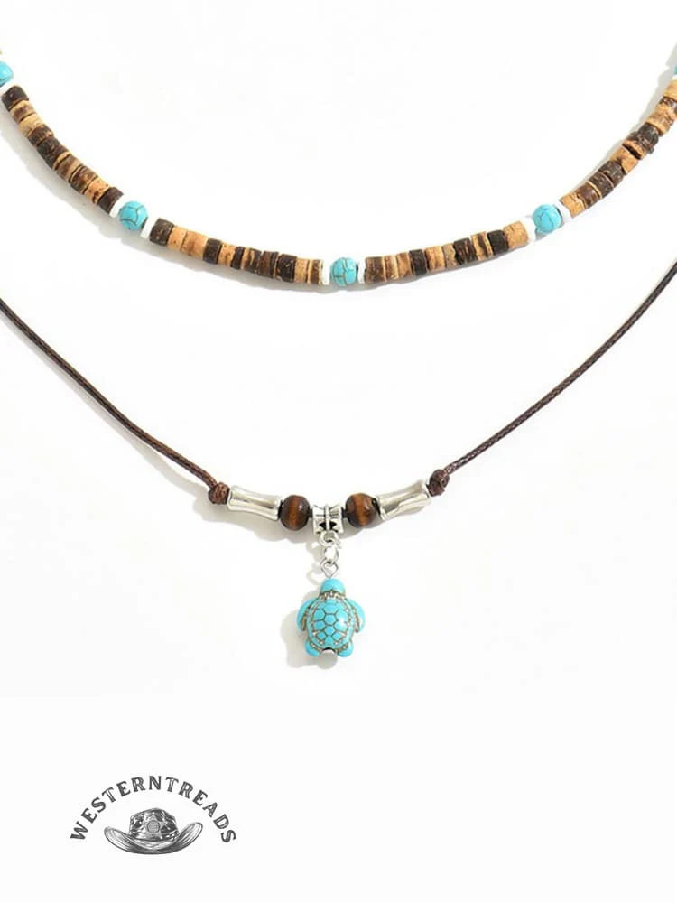 Coconut Shell Turquoise Turtle Necklace Set