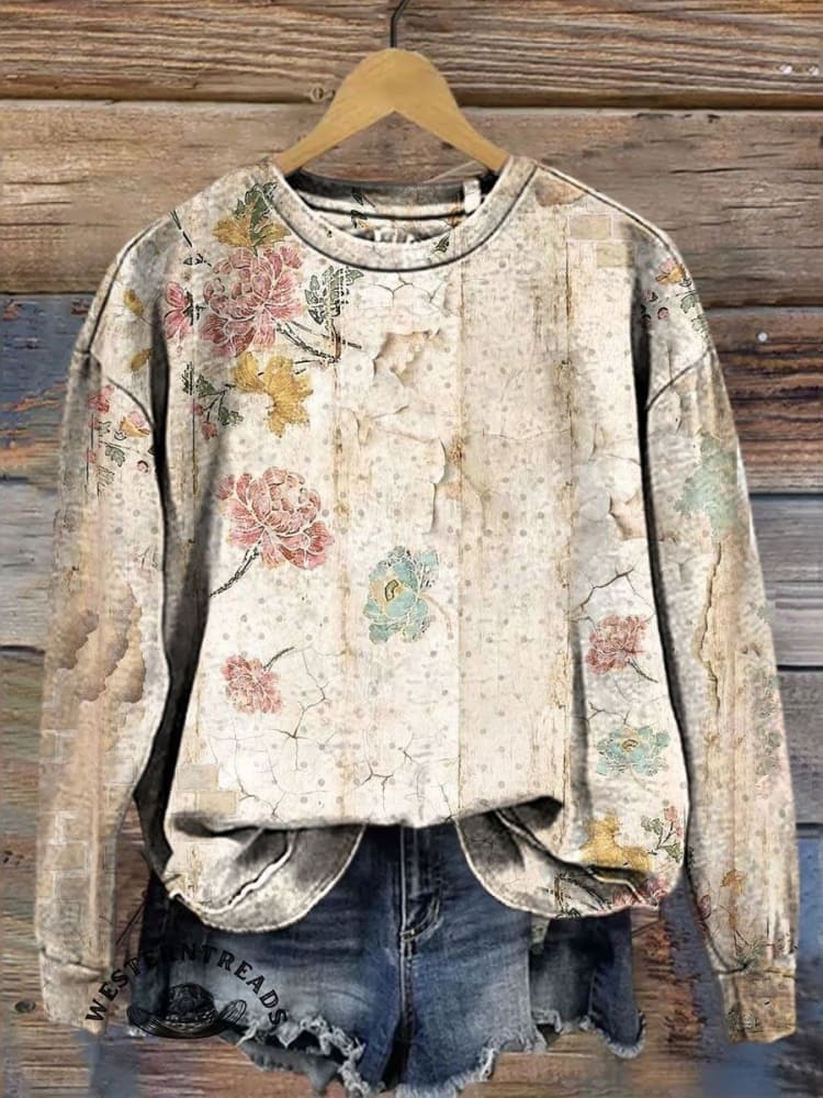 Colorblock Floral Art Print Casual Sweatshirt - Image 2