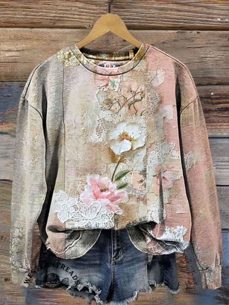 Colorblock Floral Art Print Casual Sweatshirt - Image 4