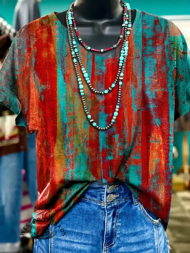 Colored Stripes Visual Pattern V-neck T-shirt