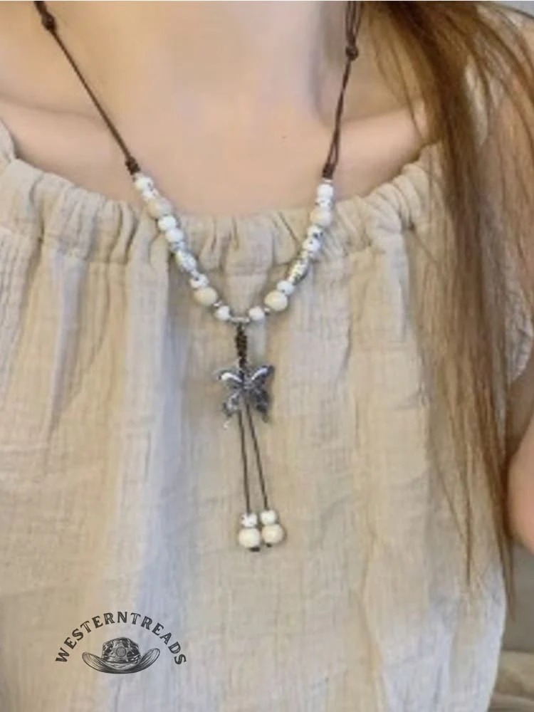 Colorful Beaded Butterfly Braided Rope Ethnic Necklace - Image 4