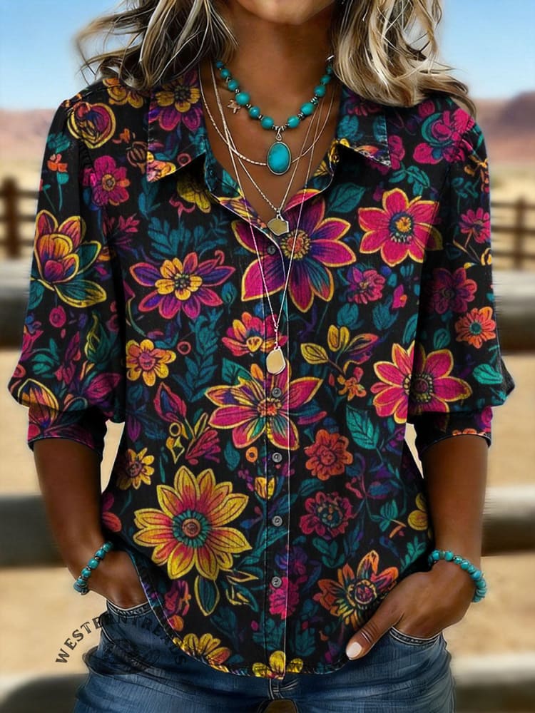 Contrast Color Flowers Print Casual Puff Sleeve Denim Shirt
