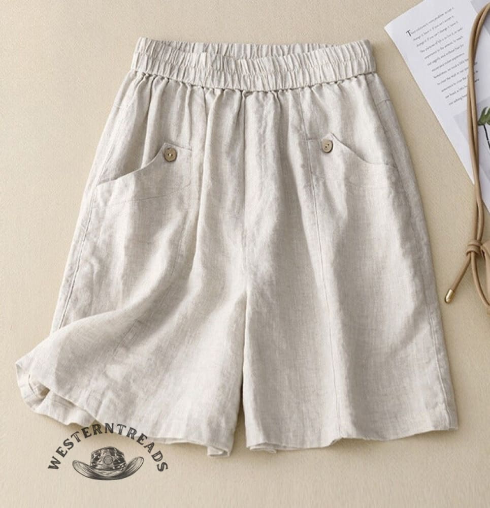Cotton And Linen Solid Color Elastic Waist Shorts - Image 3
