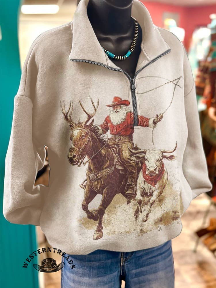 Cowboy Santa Claus Print Casual Cotton Sweatshirt - Image 2