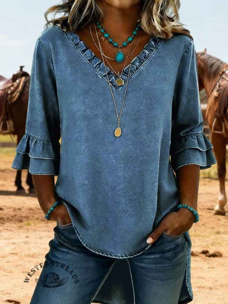 Cozy Ruffled V-neck Denim Cotton Top