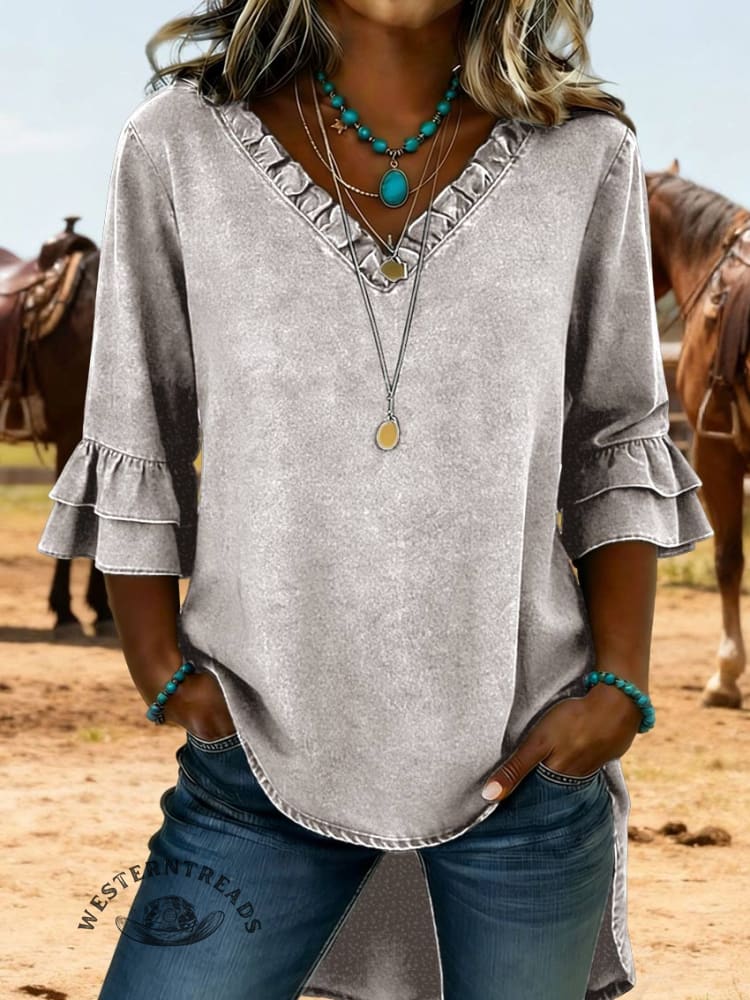 Cozy Ruffled V-neck Denim Cotton Top - Image 5