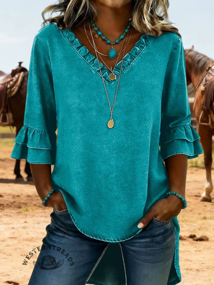 Cozy Ruffled V-neck Denim Cotton Top - Image 6