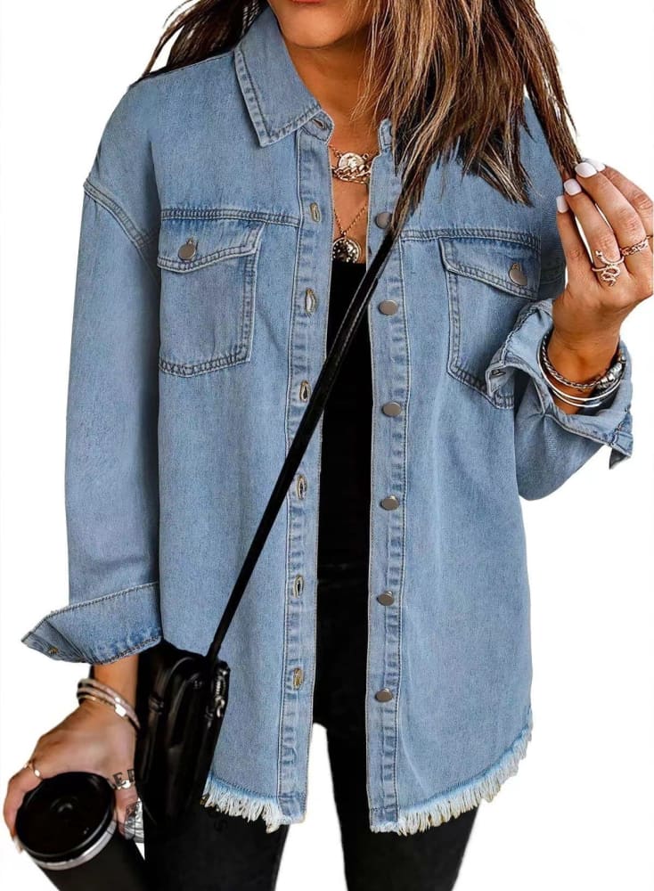 Washed Denim Brushed Solid Color Jacket Coat - Image 3