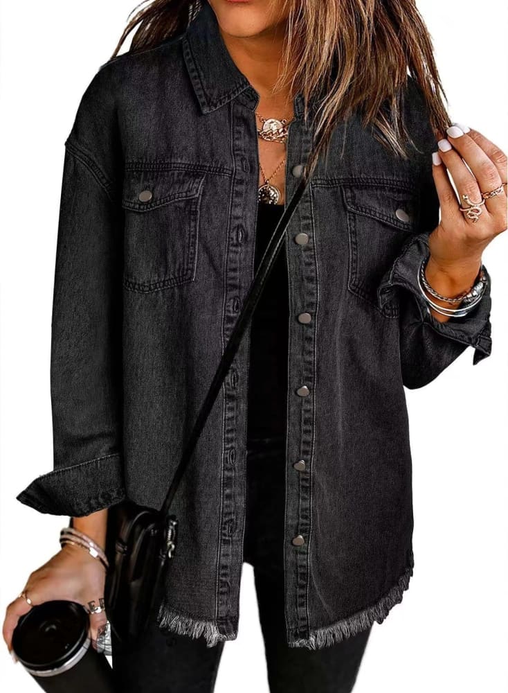 Washed Denim Brushed Solid Color Jacket Coat - Image 4
