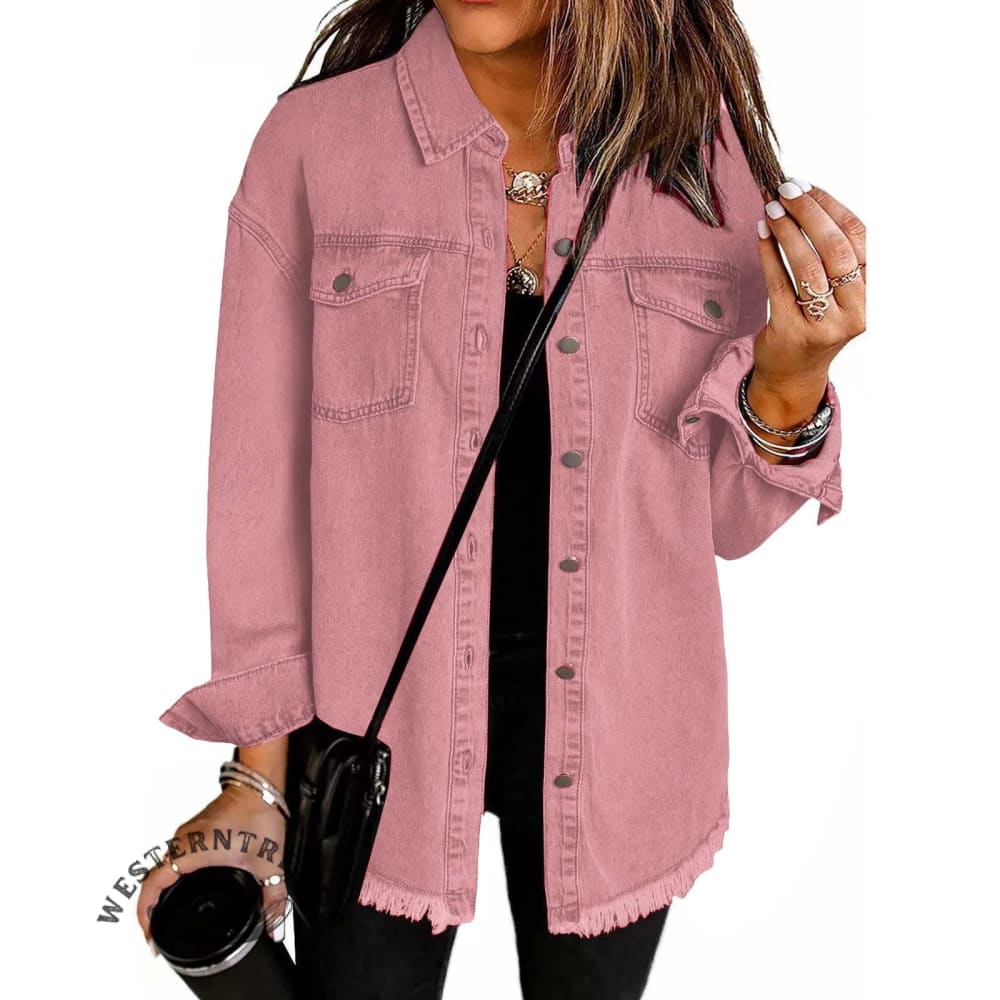 Washed Denim Brushed Solid Color Jacket Coat - Image 7
