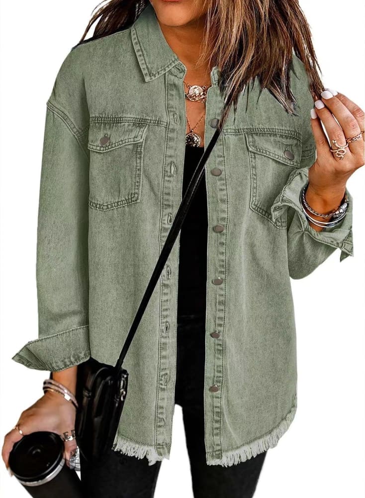 Washed Denim Brushed Solid Color Jacket Coat - Image 8