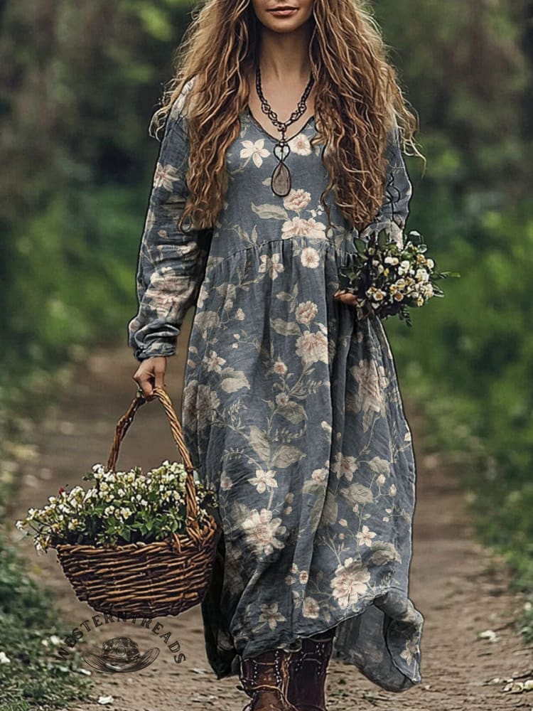 Floral Pattern Women's Print Pocket Cotton Dress