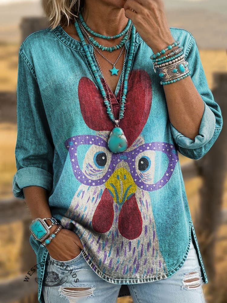 Funny Chicken Print V-neck Long Sleeve Denim Top