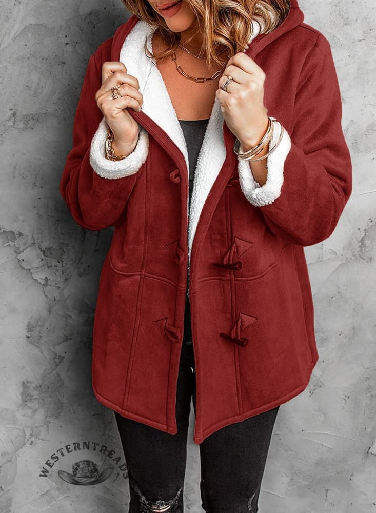 Horn Button Solid Color Plush Hooded Jacket Coat - Image 3