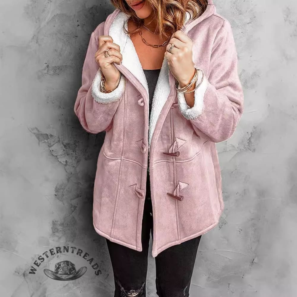 Horn Button Solid Color Plush Hooded Jacket Coat - Image 5