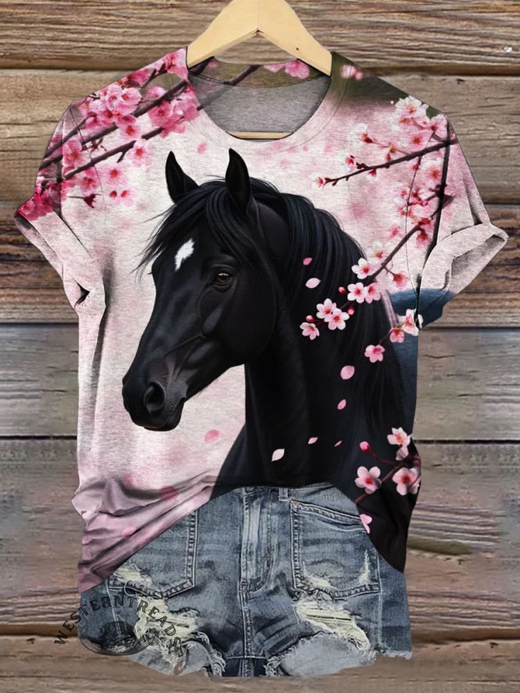 Horse Art Print Casual Short Sleeve Top