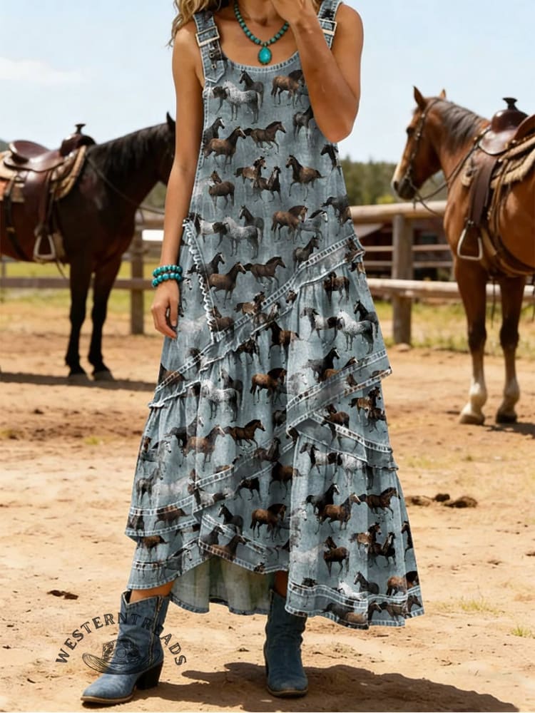 Horse Art Print Sleeveless Multi-layered Ruffled Strap Dress