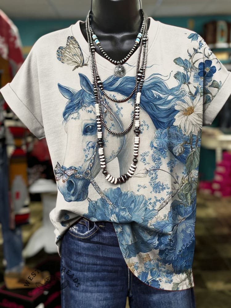 Horse Print Casual V-neck T-shirt
