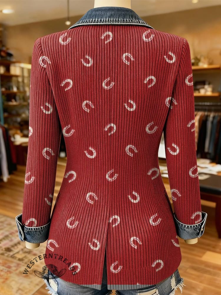 Horseshoe Print Patchwork Denim Sweater - Image 2