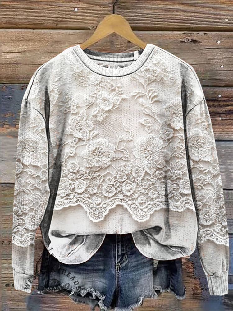 Imitation Embroidery Vintage Flowers Print Sweatshirt