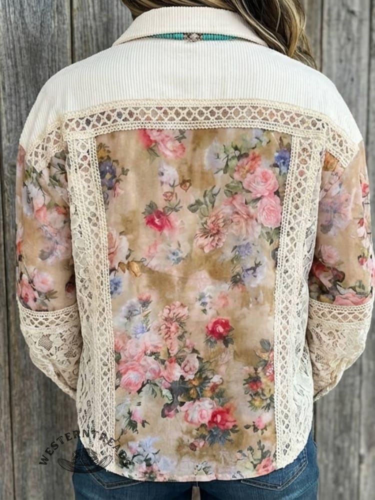 Lace Patchwork Floral Trim Long Sleeve Shirt - Image 2