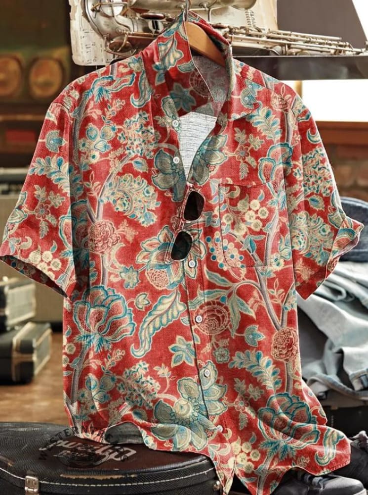 Men's Vintage Print Pocket Casual Short Sleeve Shirt