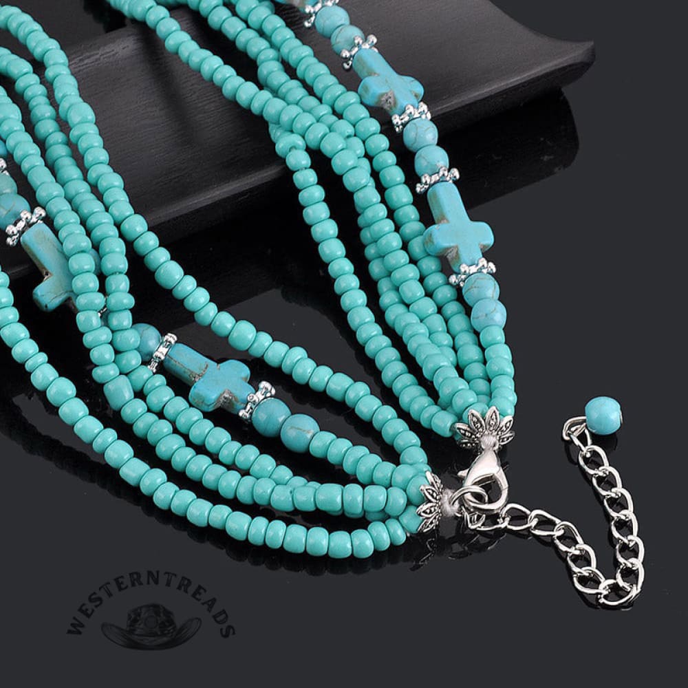 Vintage Turquoise Rice Beaded Multi-layer Cross Necklace - Image 3